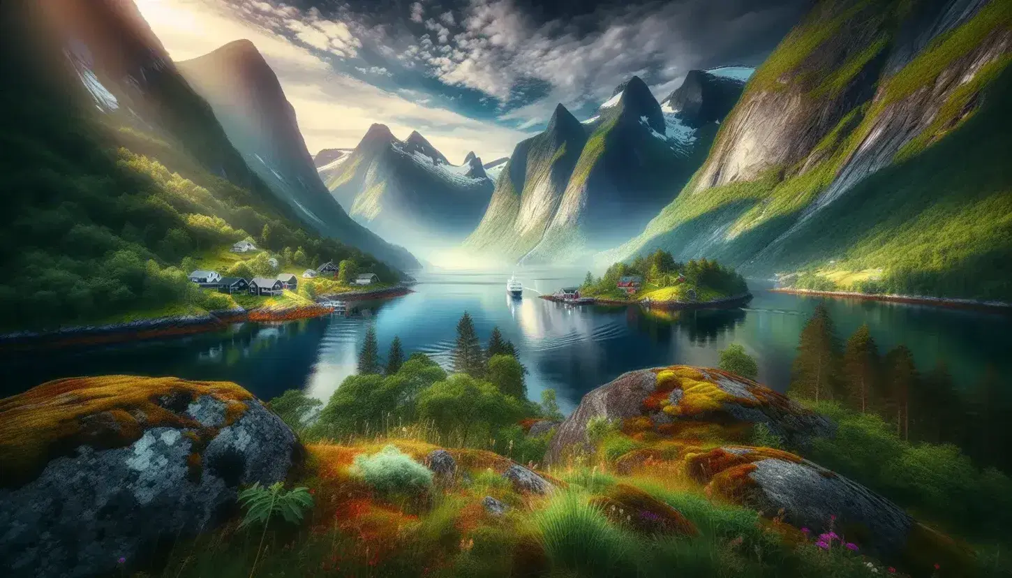 Paesaggio naturale norvegese con fiordo, montagne innevate, case in legno e barca da pesca, sotto un cielo sereno.