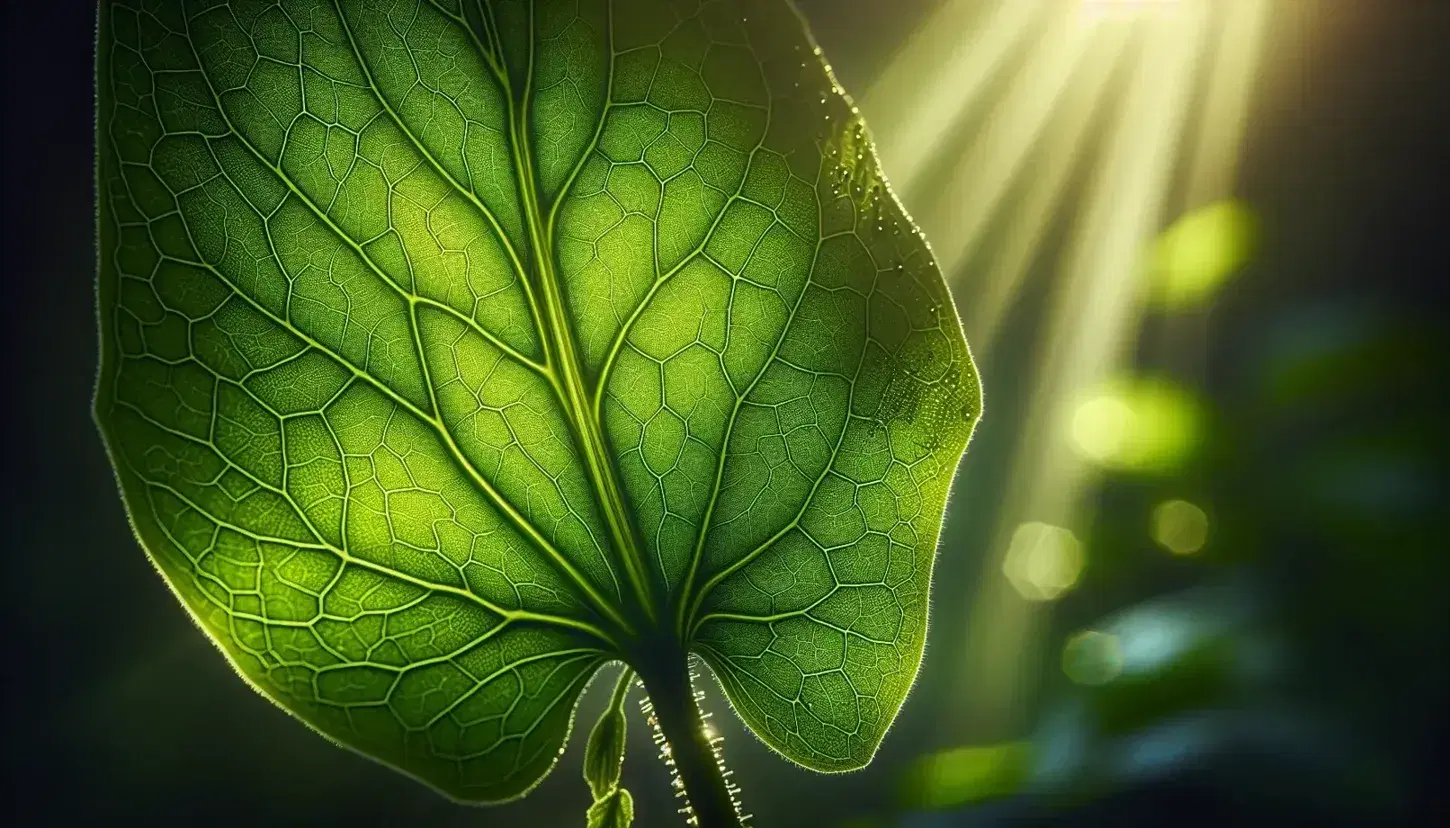 Bright green leaf with a detailed vein network and water droplets, backlit by sunlight, on a softly blurred natural green background.