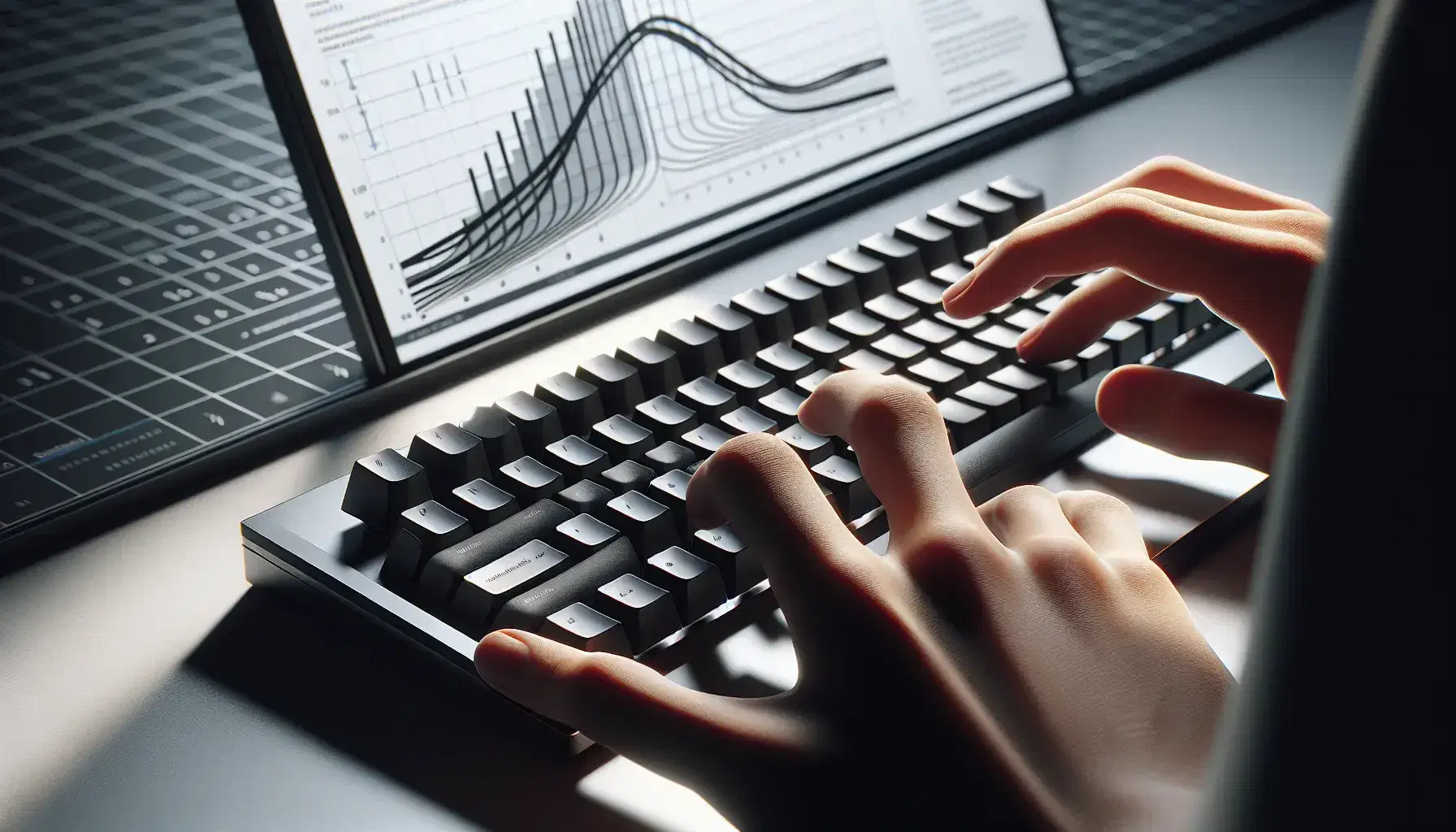 Hands positioned for typing on modern black and silver keyboard, with blurred screen showing symmetric curved graph without labels.