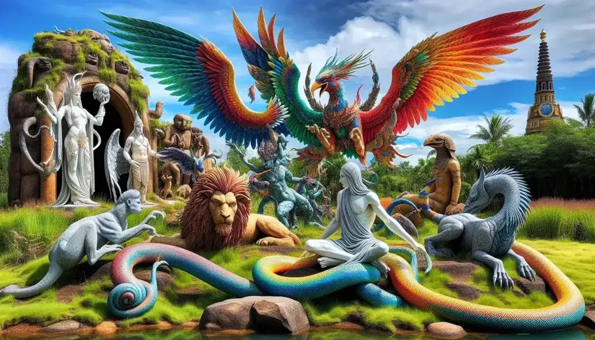 Escena mitológica con ángel alado, criatura híbrida ave-humano, esfinge y serpiente en paisaje natural con templo antiguo.