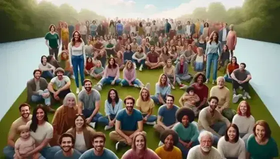 Gruppo eterogeneo di persone sorridenti in un parco, con abbigliamento casual, circondati da alberi verdi e cielo azzurro.