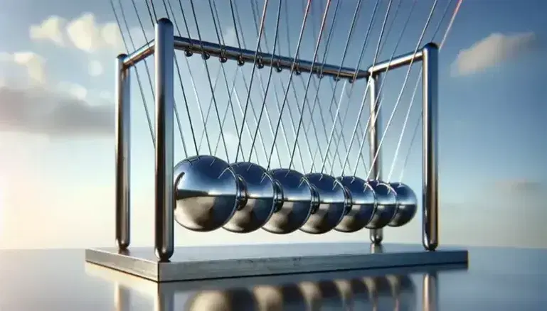 Classic Newton's cradle with suspended shiny metallic balls, one raised ready to swing, on blue sky background with clouds.