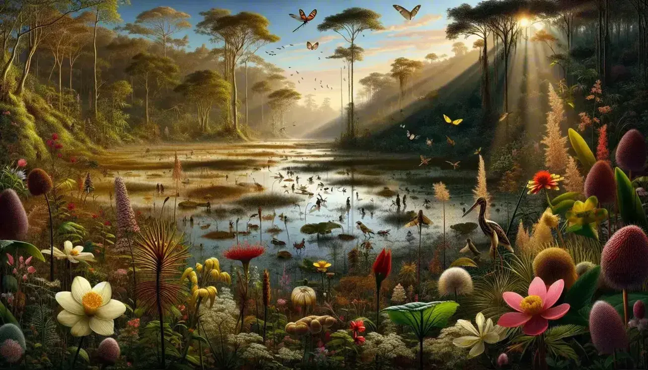 Paisaje natural con diversidad ecosistémica, plantas verdes y flores coloridas, insectos polinizadores, aves acuáticas en estanque y bosque denso al fondo bajo cielo azul.