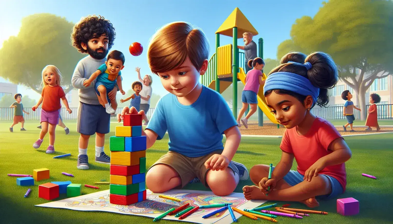 Niños de diversas etnias jugando en un parque al aire libre, con actividades como construir con bloques y dibujar, en un día soleado.