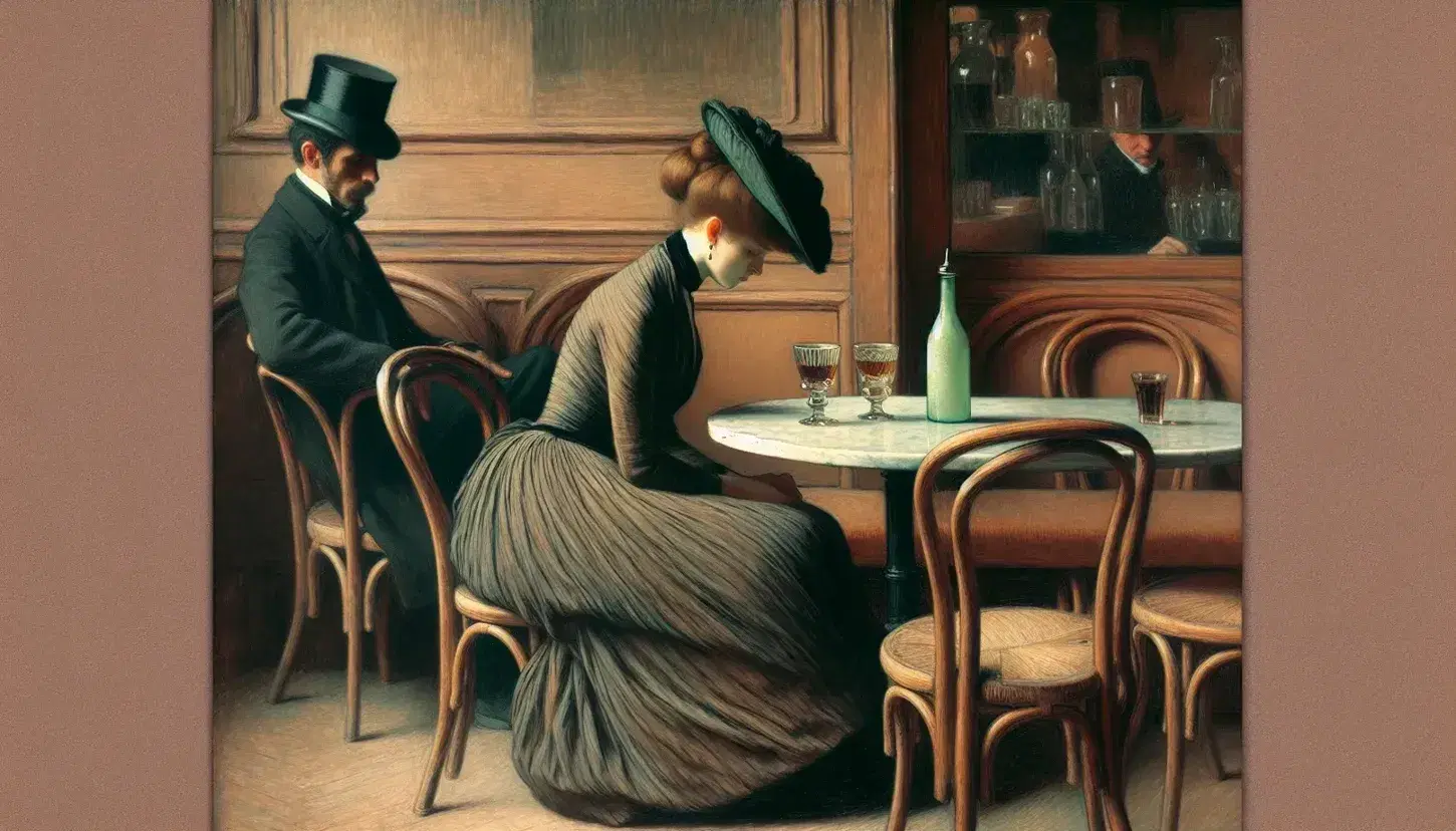 Donna seduta in caffè parigino stile 1800 con vestito scuro e cappello, riflessa su tavolo marmoreo con liquore verde, uomo in top hat sfocato sullo sfondo.