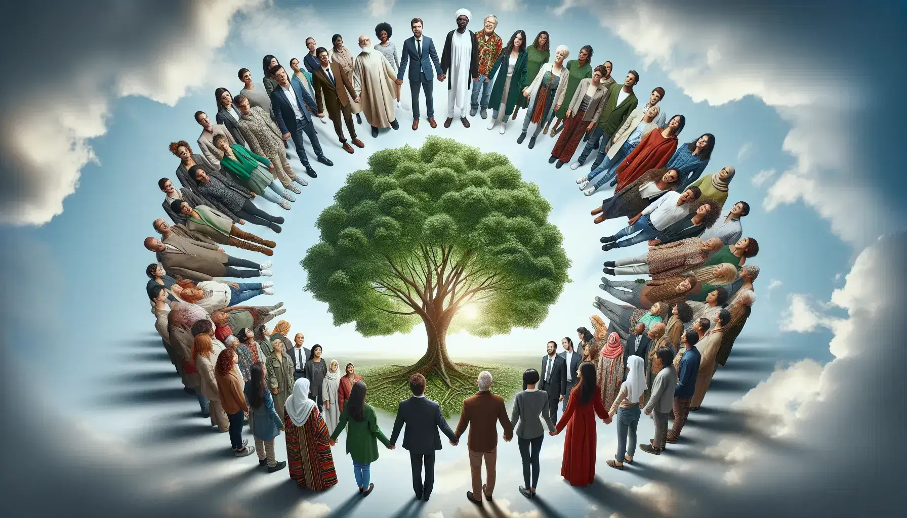 Diverse group of people in a circle around a central tree symbolizing unity and growth, with a serene light blue to white gradient sky background.