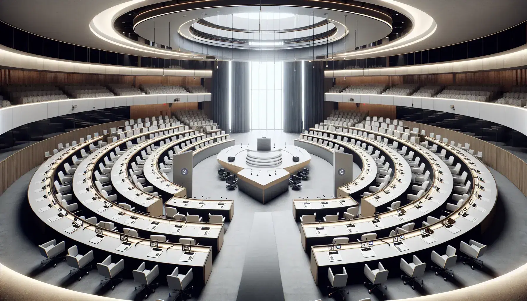 Modern semicircular conference room with rows of desks and chairs facing a central podium, large windows, and colorful flags, bathed in natural and artificial light.