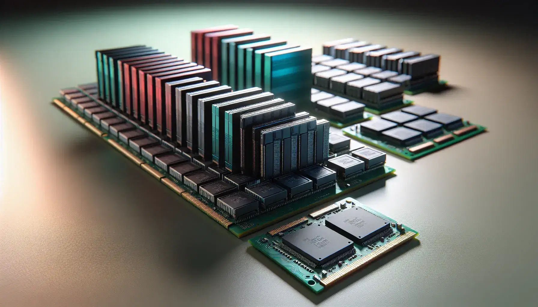 Módulos de memoria RAM con disipadores de calor en azul, rojo y verde y un chip de memoria ROM en placa verde, componentes de hardware informático.