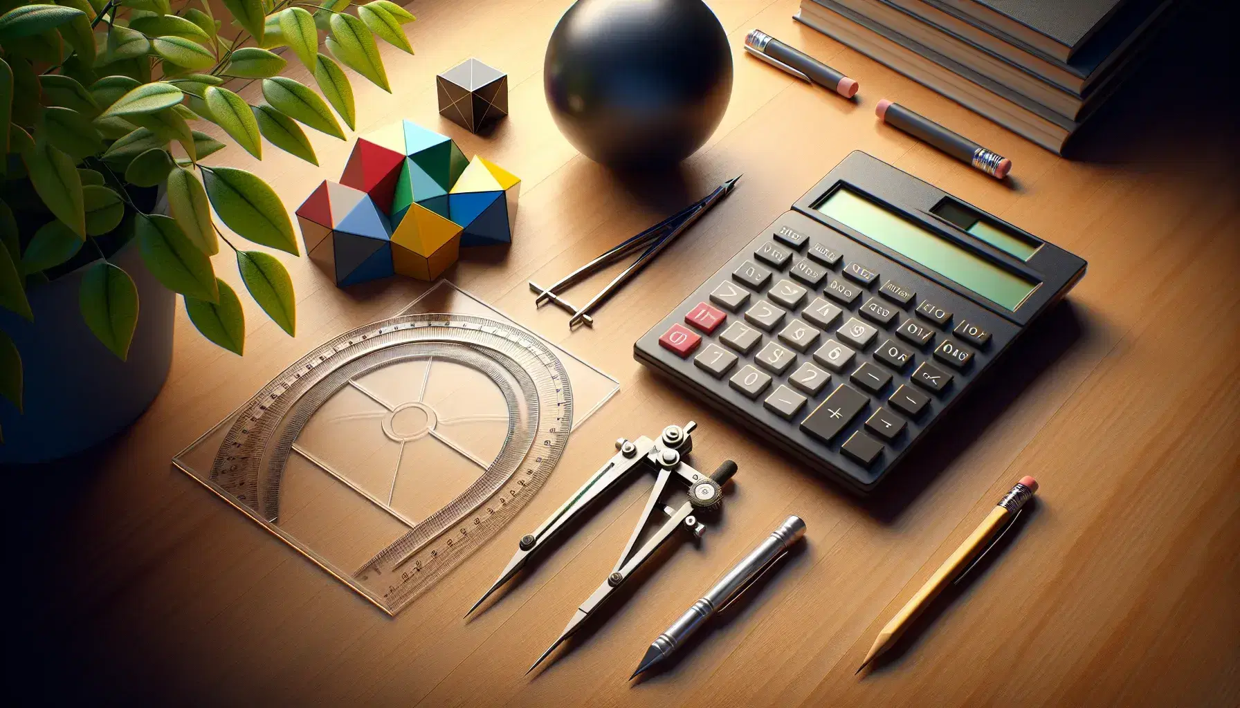 Wooden desk with mathematical tools including a calculator, compasses, protractor, and geometric shapes like a sphere, cube, and tetrahedron, with a green plant in the background.