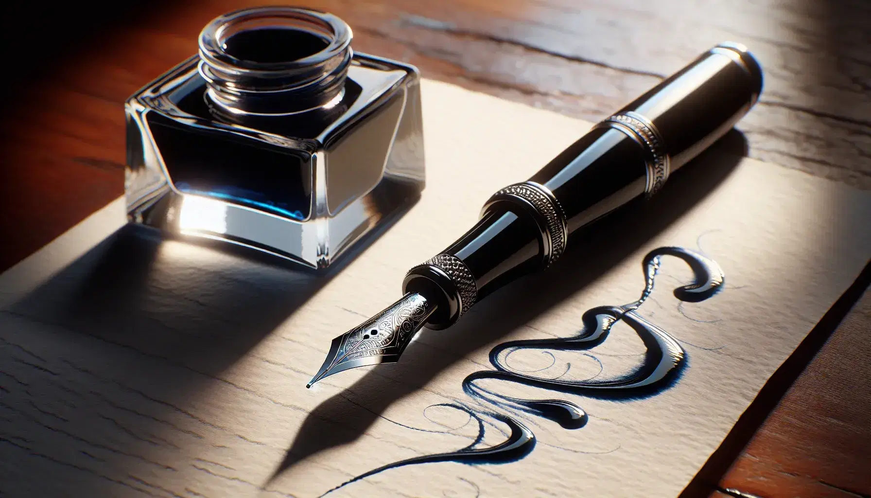 Penna stilografica nera con dettagli argento e punta lucida su foglio bianco accanto a calamaio di vetro con inchiostro blu, senza testo.