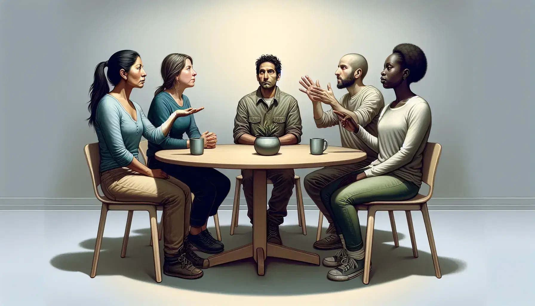 Multi-ethnic group of four people sitting around a round table, communicating non-verbally in a neutral-toned room.