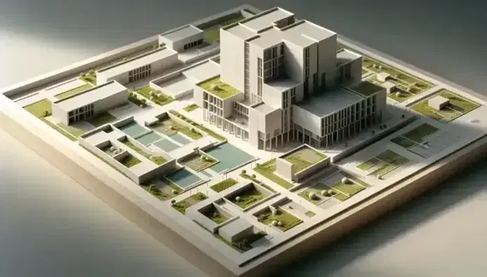 Maqueta arquitectónica a escala de edificio moderno con áreas verdes, caminos y detalles geométricos, bajo iluminación suave que resalta su tridimensionalidad.