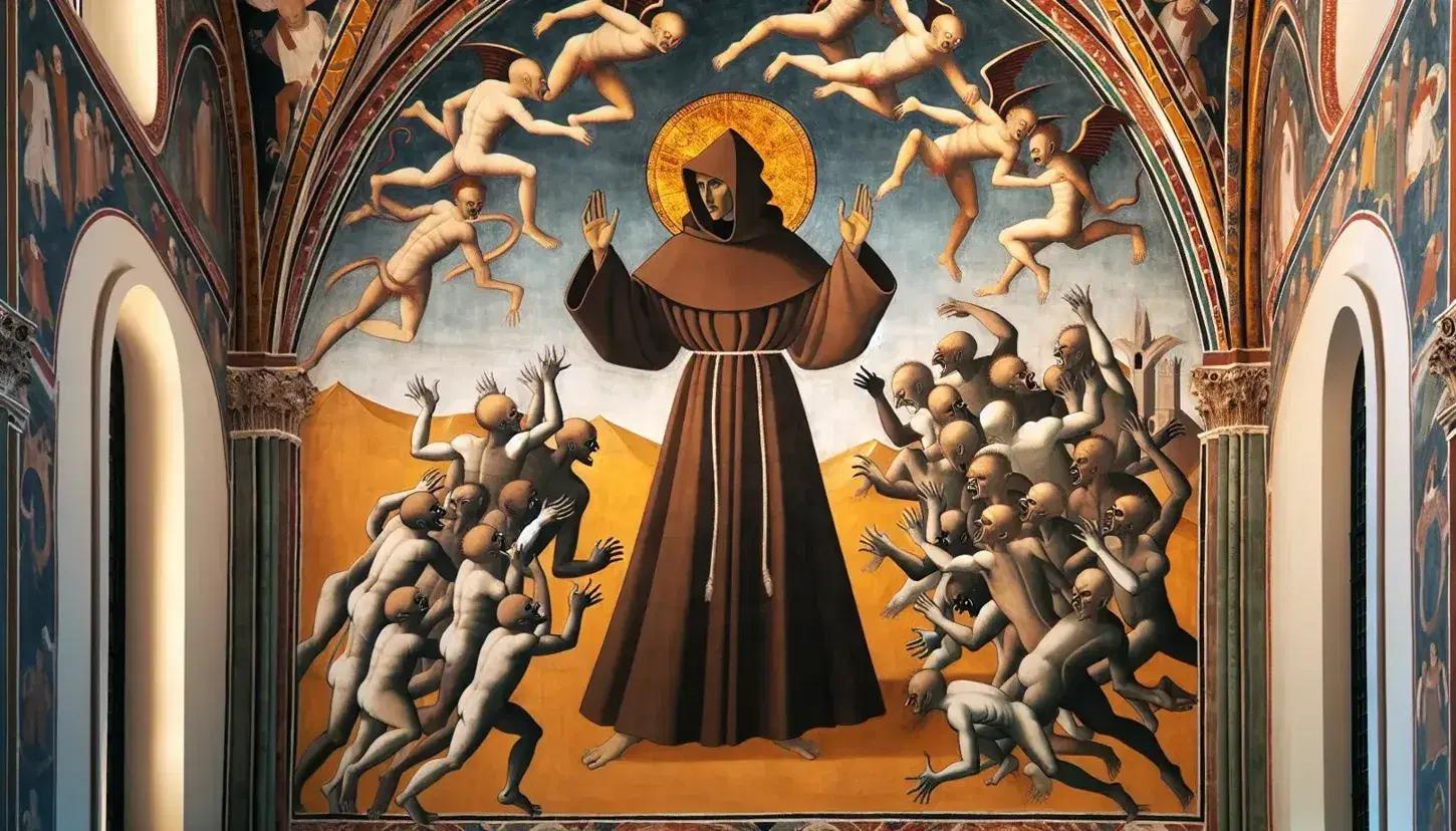 San Francesco in abito marrone scuro esorcizza demoni in fuga con gesti solenni, circondato da un'aureola dorata, su sfondo azzurro con elementi architettonici medievali.