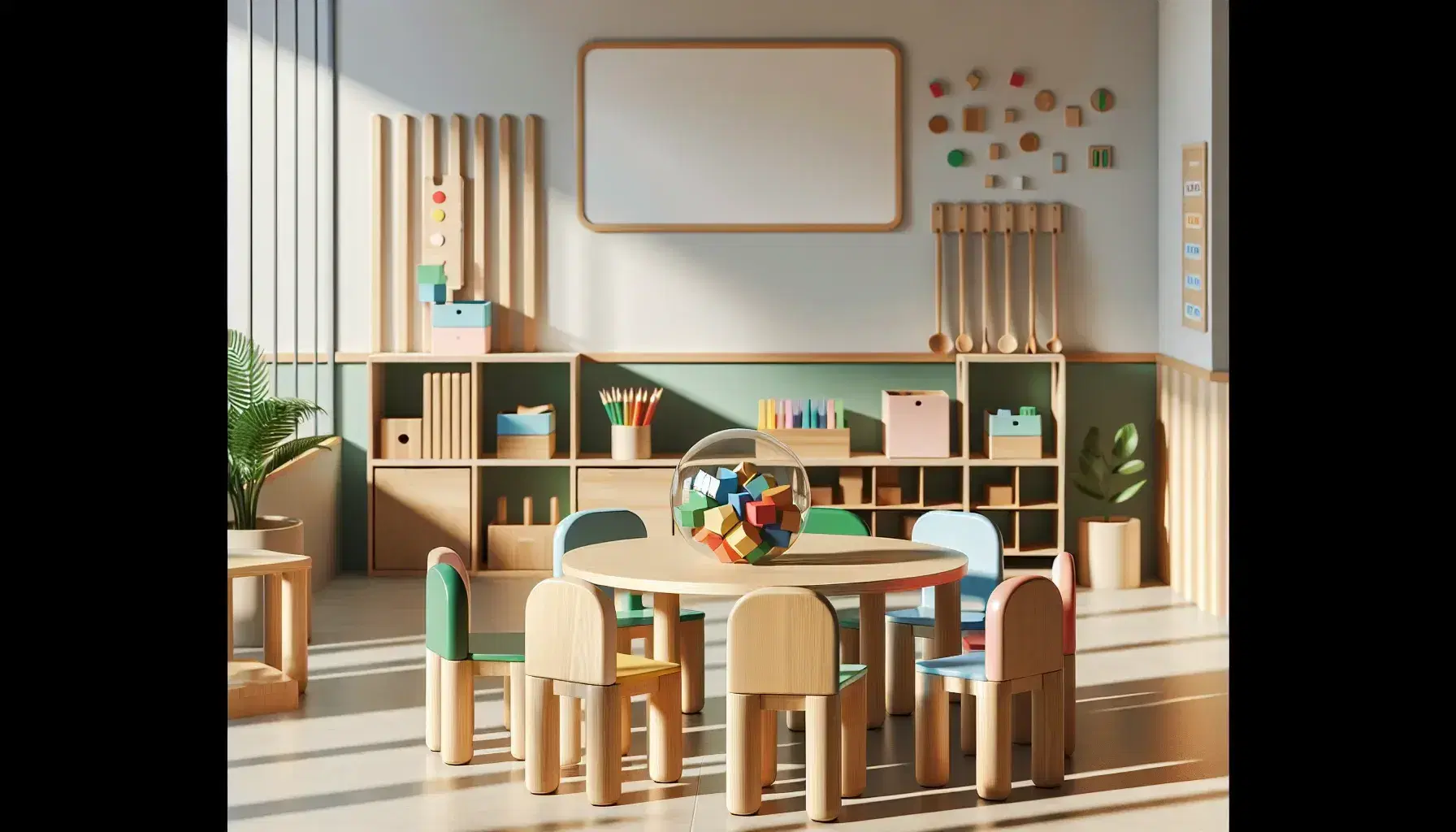 Aula luminosa con mesa redonda de madera y sillas plásticas multicolores, bloques educativos, esfera con figuras geométricas y estantería con materiales didácticos, junto a ventana que aporta luz natural.