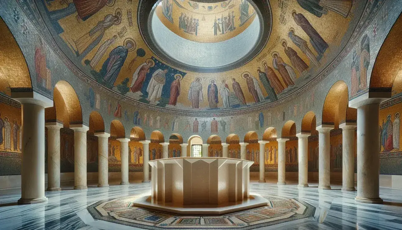 Interno di una struttura circolare con mosaici scintillanti, fonte battesimale ottagonale al centro, sovrastata da un piccolo baldacchino e cupola mosaicata.