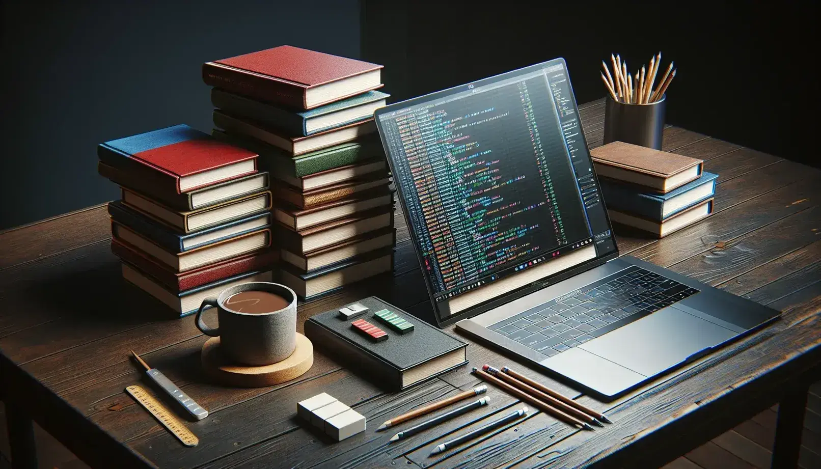 Tavolo in legno scuro con libri impilati, laptop aperto, tazza di caffè e cancelleria, in ambiente di studio tranquillo.