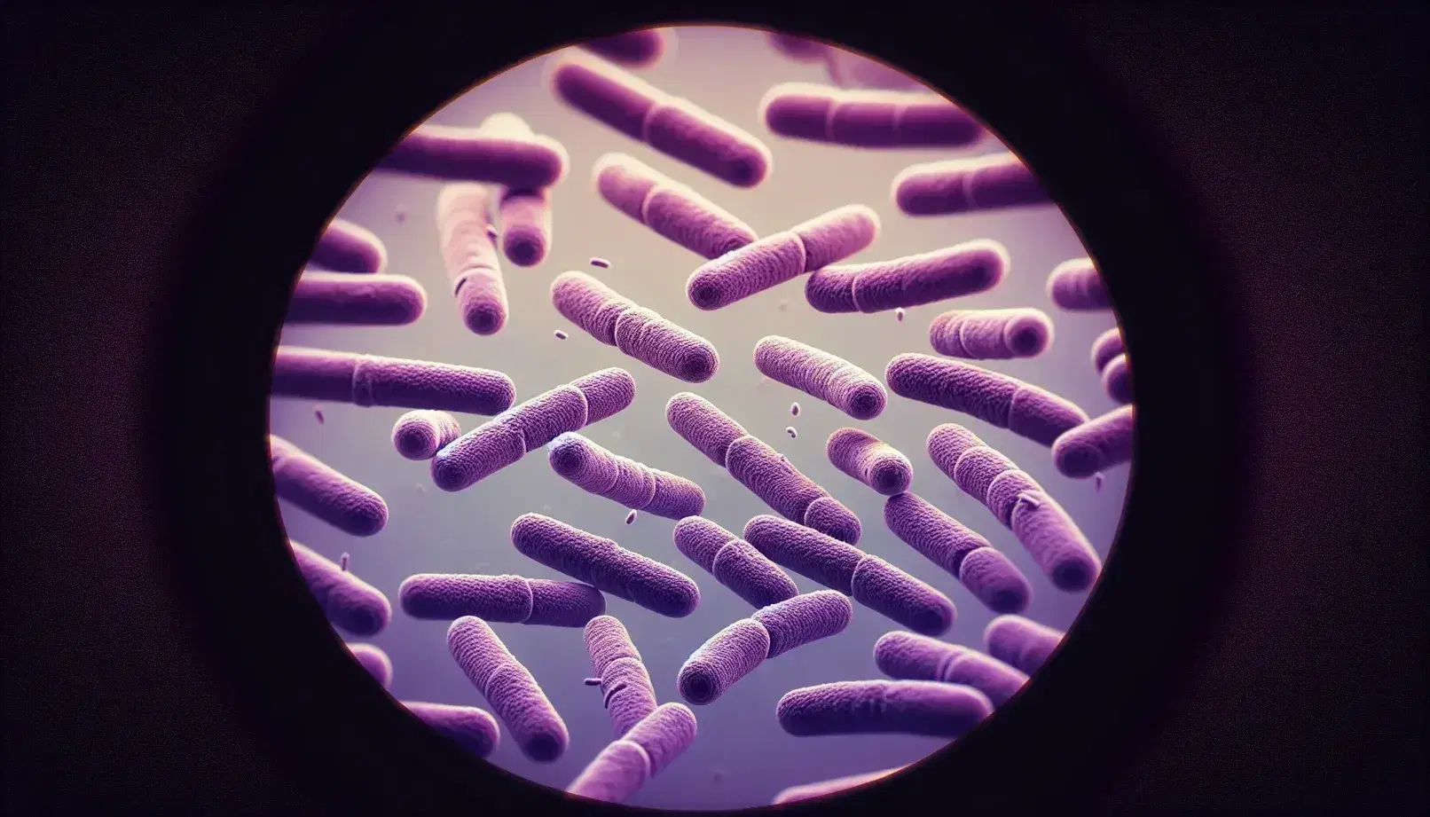 Close-up view of violet-stained rod-shaped bacteria under light microscope, scattered across a gradient purple background from Gram staining.
