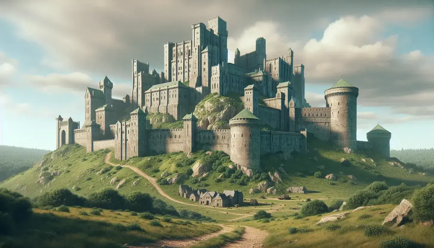 Castello medievale in pietra grigia su collina verde, con piccole costruzioni alla base e sentiero in primo piano sotto un cielo azzurro con nuvole.