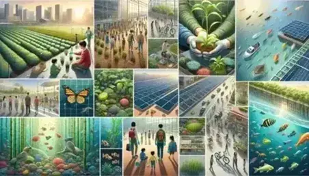 Attività ecologiche e ambienti naturali: piantumazione alberi, pannelli solari, fauna marina, bambini esplorano natura, città verde e mercato biologico.