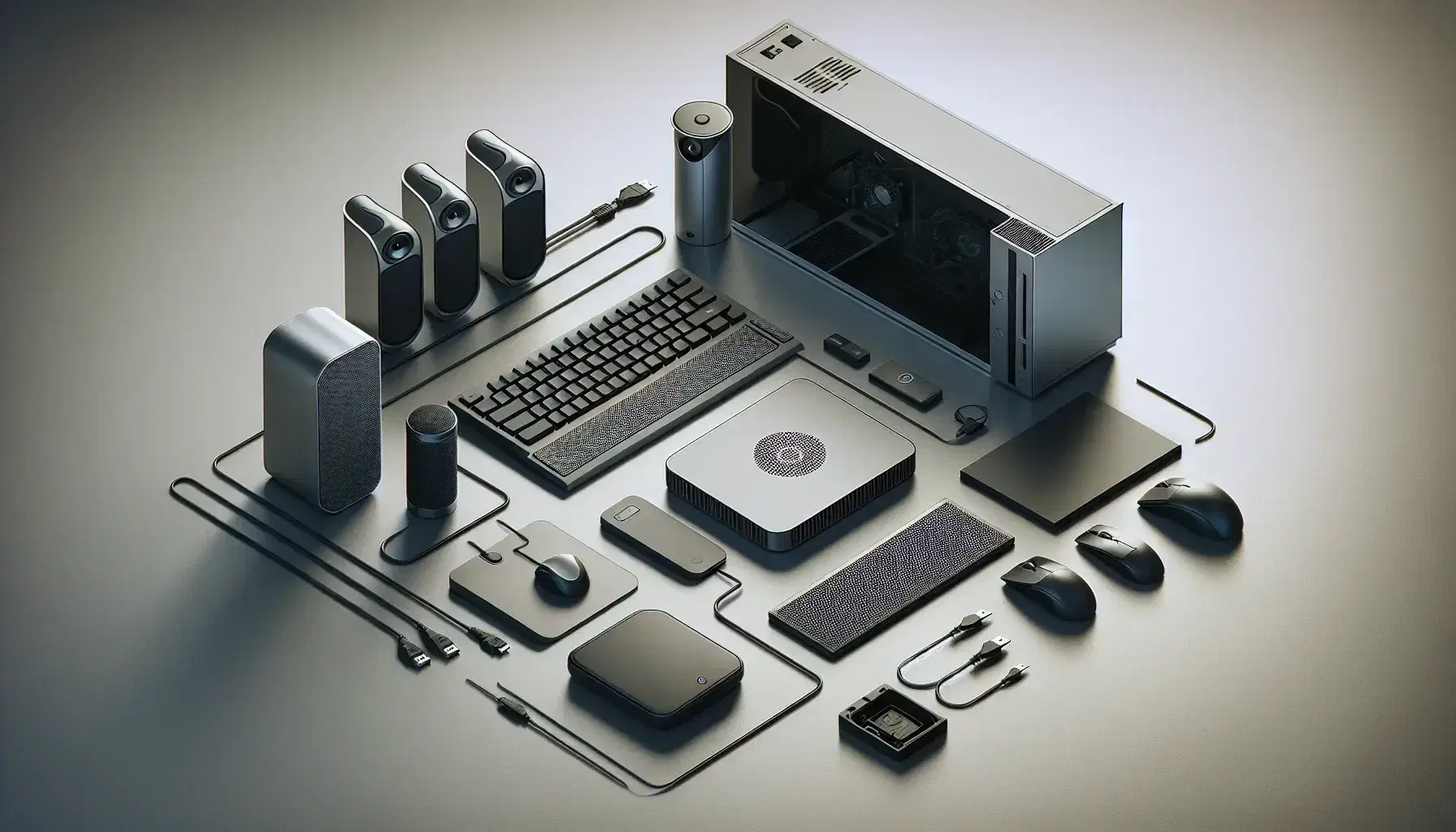 Conjunto de dispositivos electrónicos con CPU gris, teclado negro, ratón óptico, altavoces cilíndricos y monitor apagado sobre superficie clara.