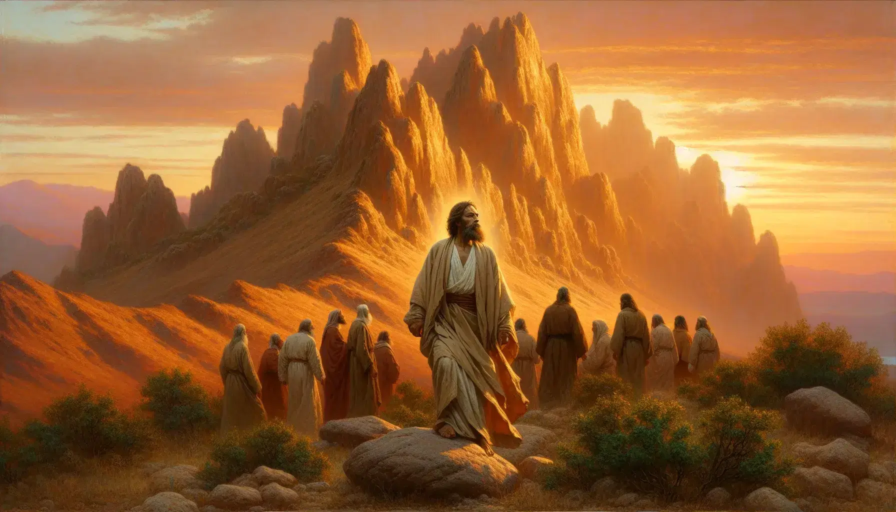 Tramonto dorato illumina montagna rocciosa e figura maschile con abito chiaro, mentre persone unite e entità alata celestiale completano la scena antica.