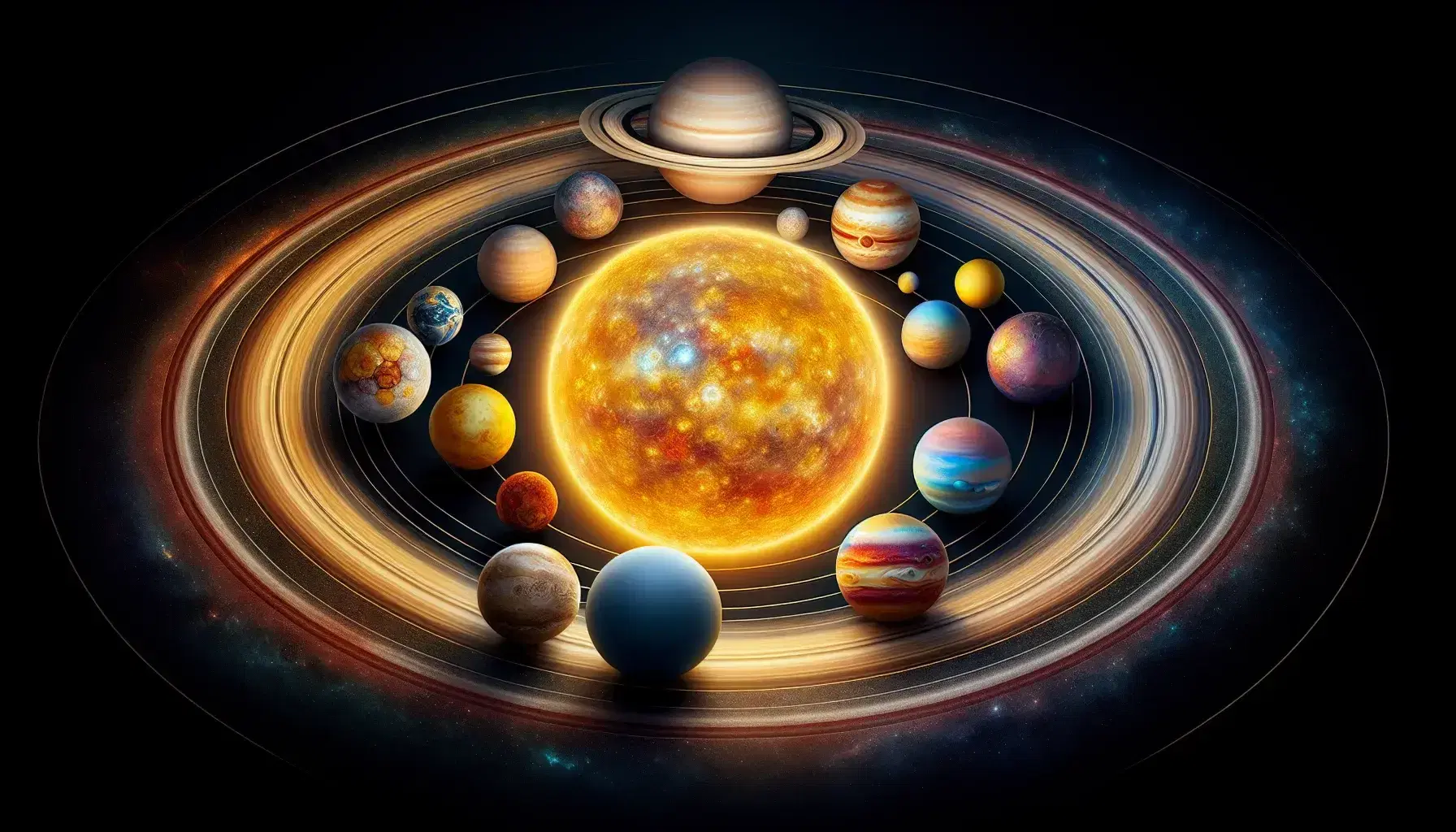 Rappresentazione fotografica del Sistema Solare con il Sole al centro e otto pianeti distinti per colore e texture, ordinati per distanza.