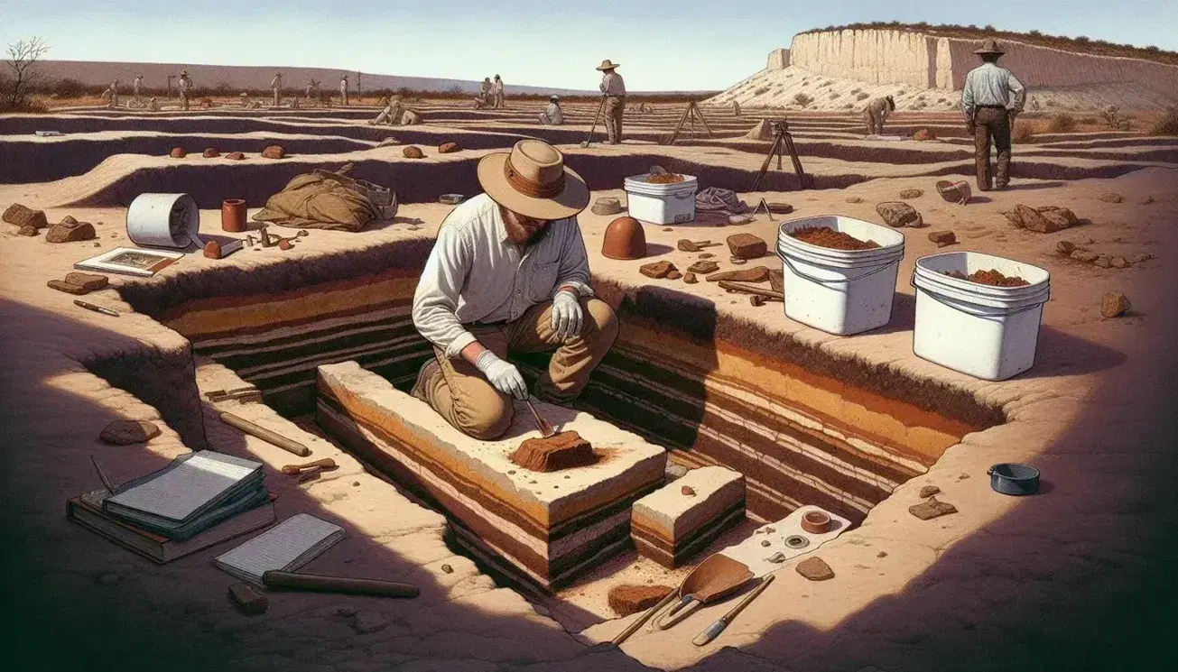 Excavación arqueológica en terreno árido con arqueólogo desenterrando fragmento cerámico y observador tomando notas, herramientas y cubetas alrededor.