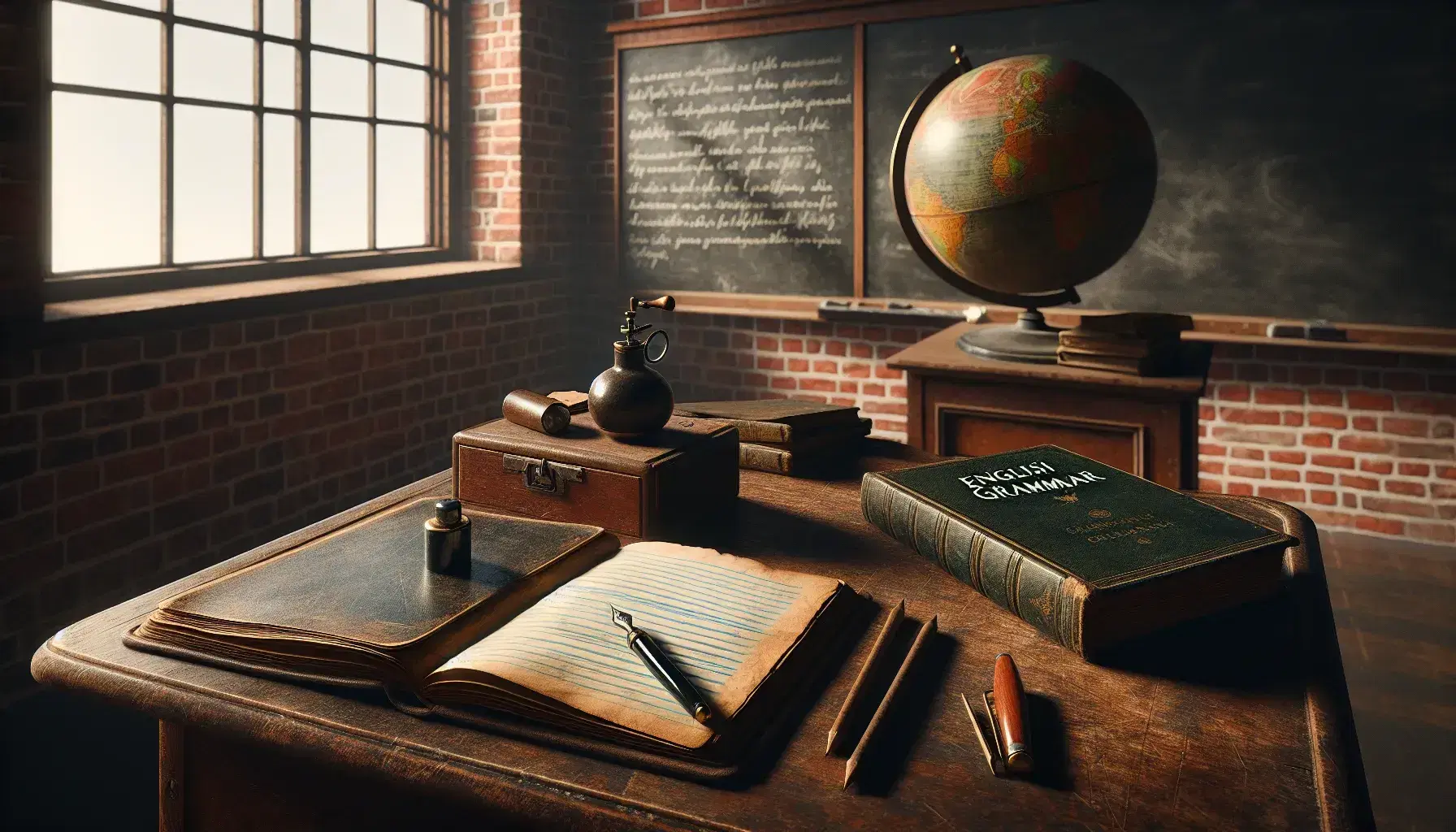 Scena di aula scolastica vintage con scrivania in legno, penna stilografica, quaderno aperto, libro di grammatica inglese e mappamondo antico.