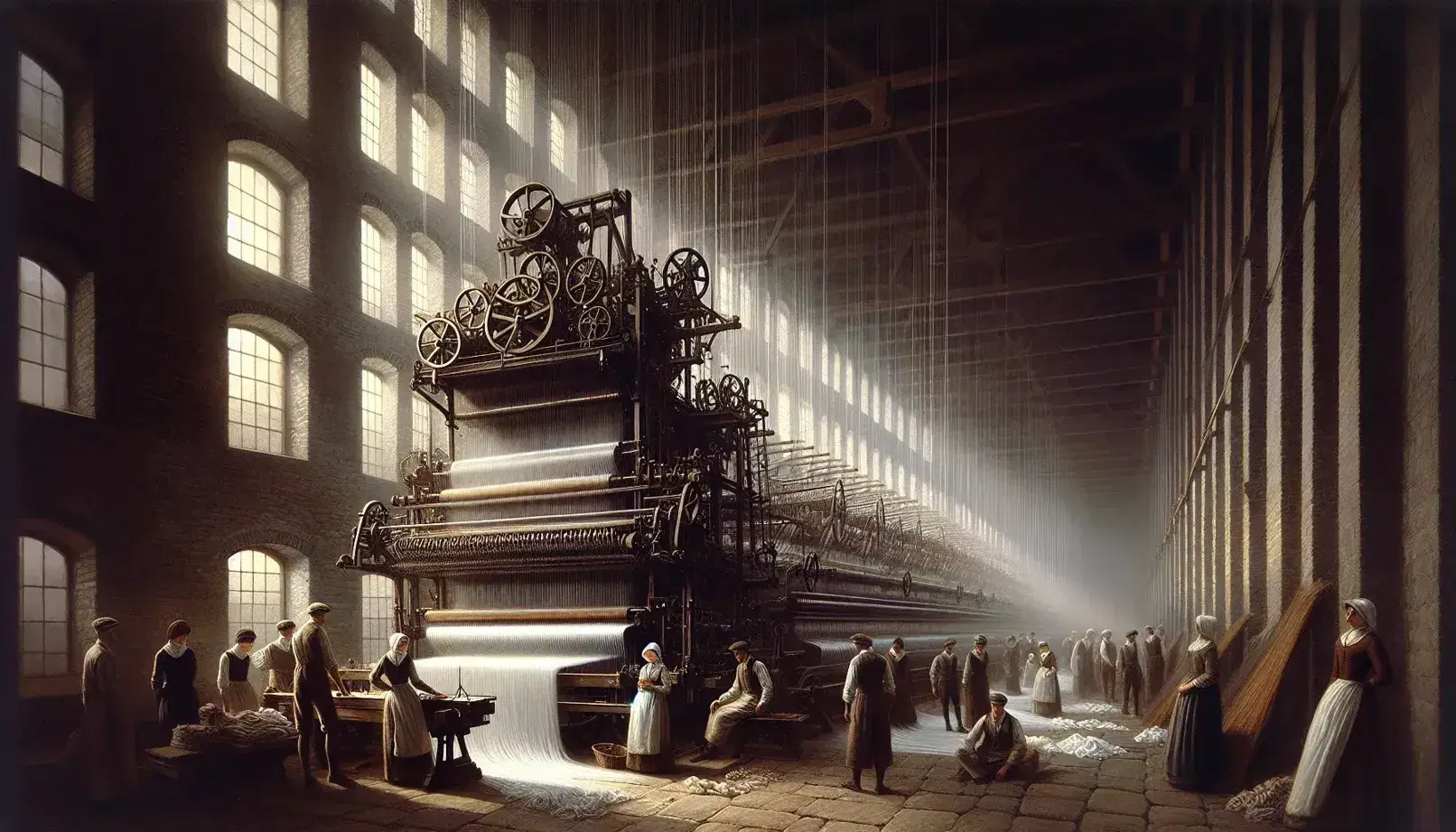 Interno di una fabbrica tessile durante la Prima Rivoluzione Industriale con operai intenti al lavoro attorno a un grande telaio meccanico.