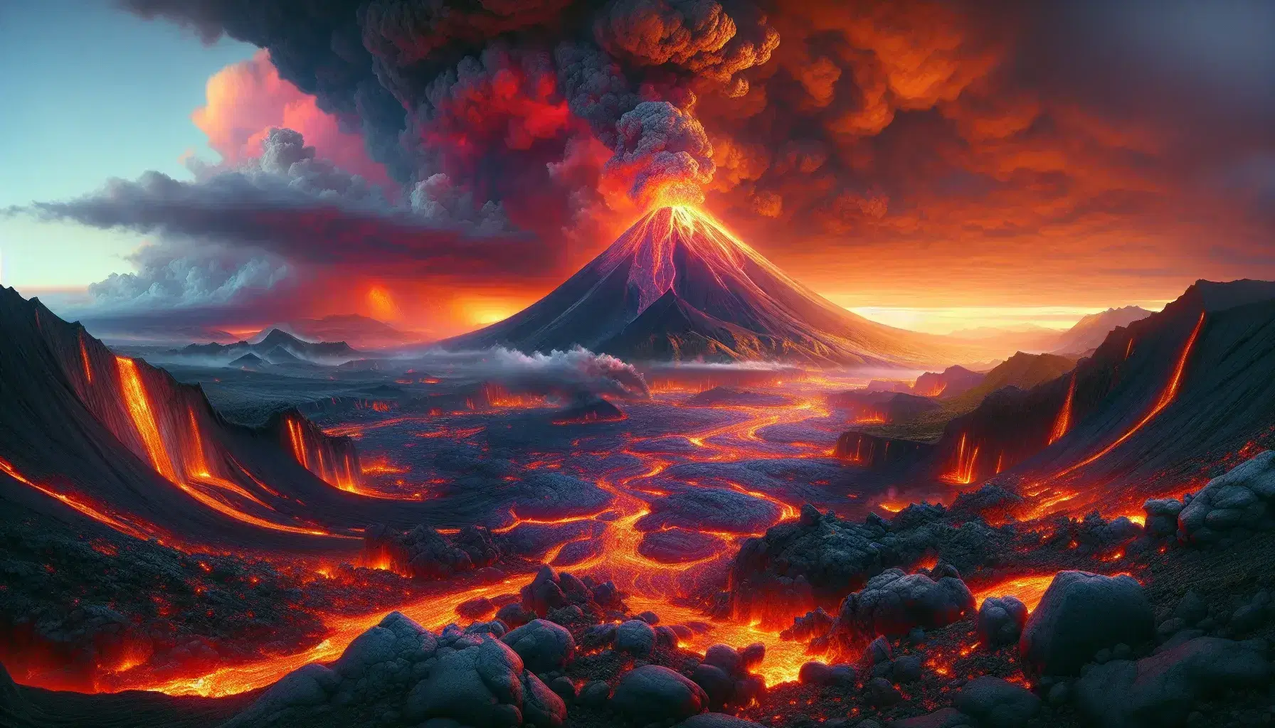 Eruzione vulcanica notturna con cielo arancione, colata lavica e fumo che si innalza dal cratere.