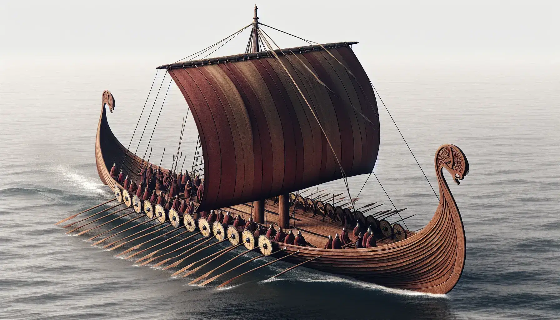 Viking longship with dark wooden hull, red square sail, and yellow-black shields at sea, manned by figures in tunics and iron helmets.