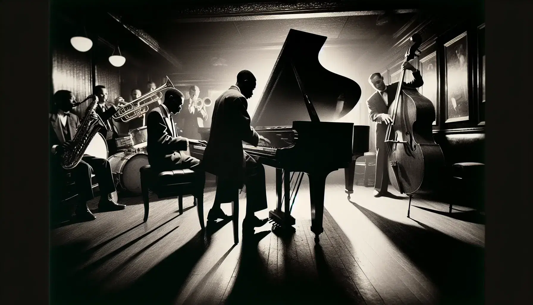 Black and white photograph of a 1920s jazz club, with pianist and double bass player in the foreground and brass section in the background.