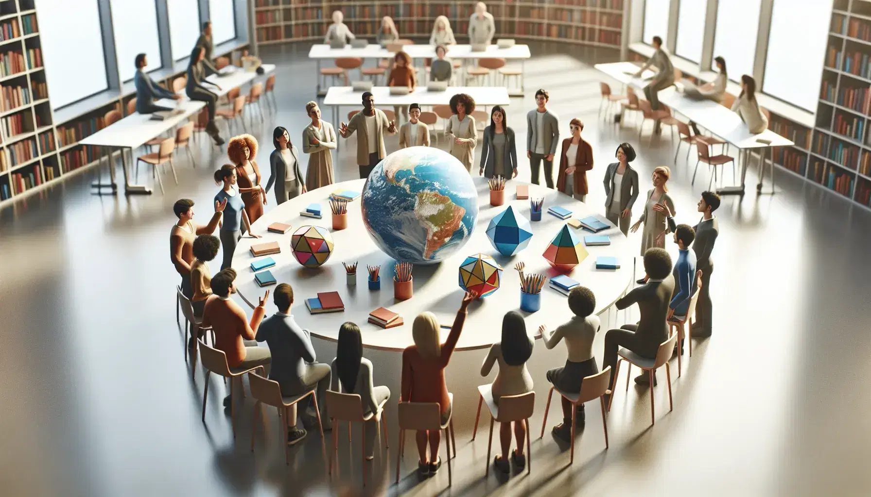 Grupo diverso en sesión de brainstorming con globo terráqueo y figuras geométricas sobre mesa redonda en espacio iluminado similar a biblioteca.