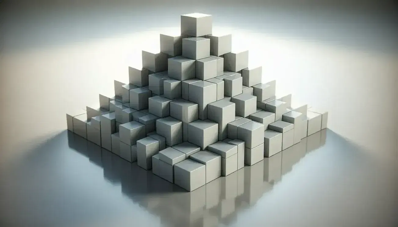 Struttura piramidale composta da cubi grigi tridimensionali su superficie riflettente con ombre morbide e sfondo sfumato grigio.