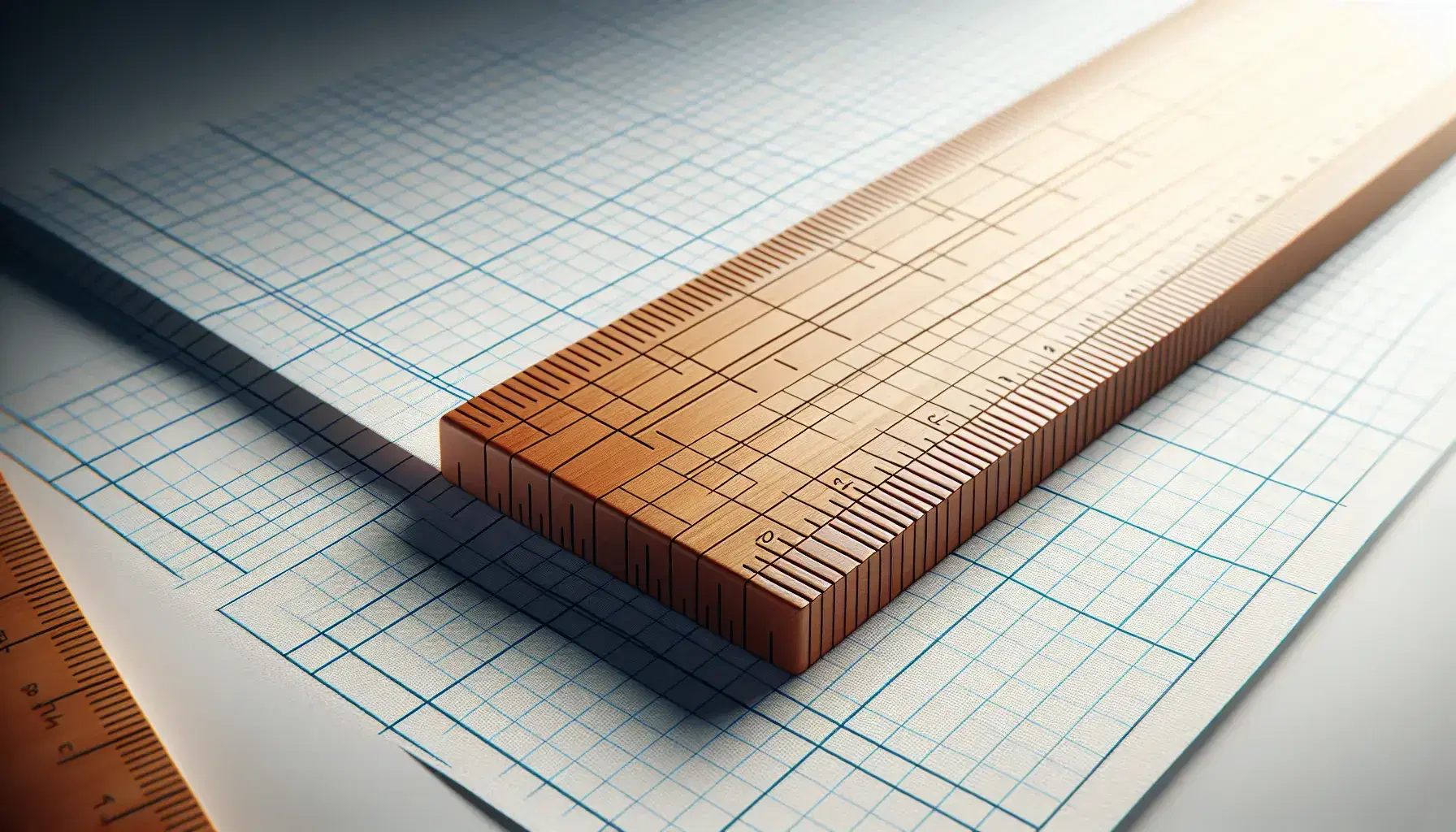 Close-up view of a light brown wooden ruler diagonally placed on white graph paper with blue grid lines, creating trapezoidal shapes.