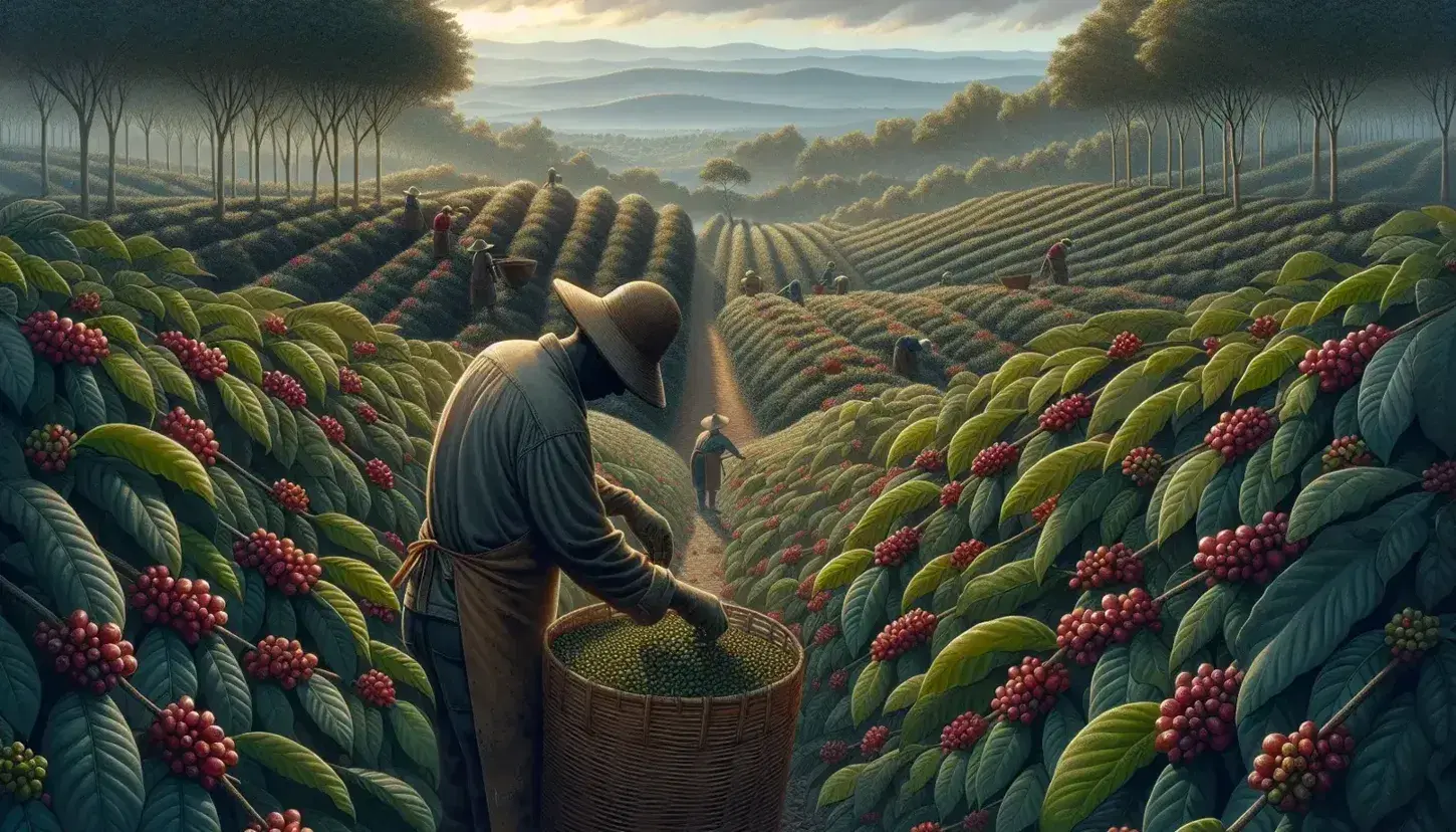 Plantación de café con árboles en filas y granos madurando, trabajador recolectando café en cesto, bajo cielo azul.