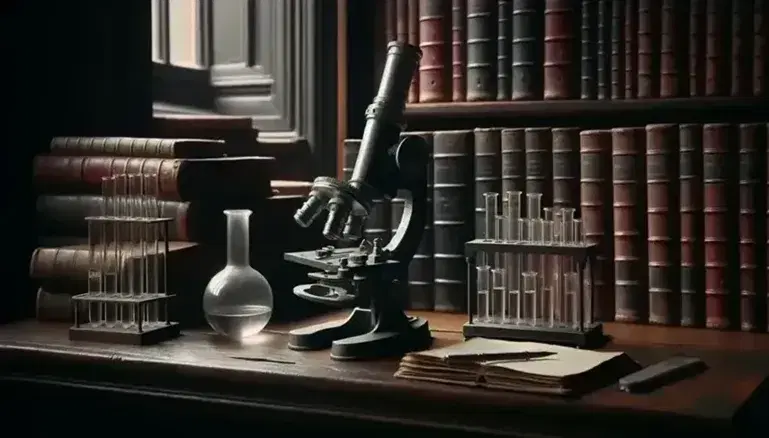 Escritorio de madera antiguo con instrumentos científicos del siglo XX, incluyendo un microscopio metálico, tubos de ensayo y una balanza analítica, frente a una estantería con libros encuadernados en cuero.