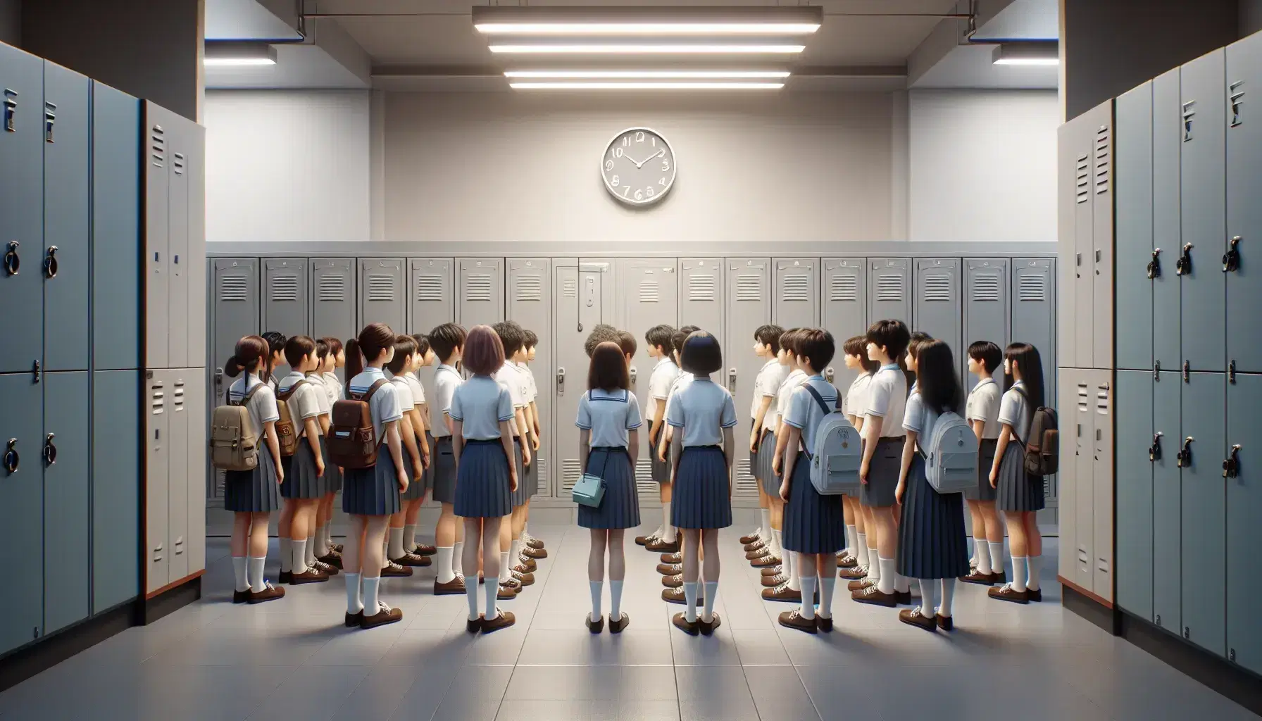 Estudiantes uniformados con camisas blancas y pantalones o faldas azul oscuro escuchan atentamente frente a casilleros escolares grises.