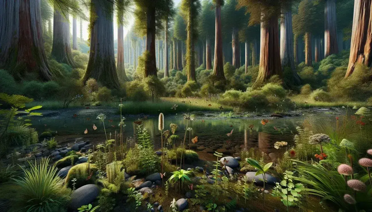 Bosque diverso con arroyo cristalino, árboles robustos, vegetación variada, insectos polinizadores y ave junto al agua en un ecosistema interconectado.
