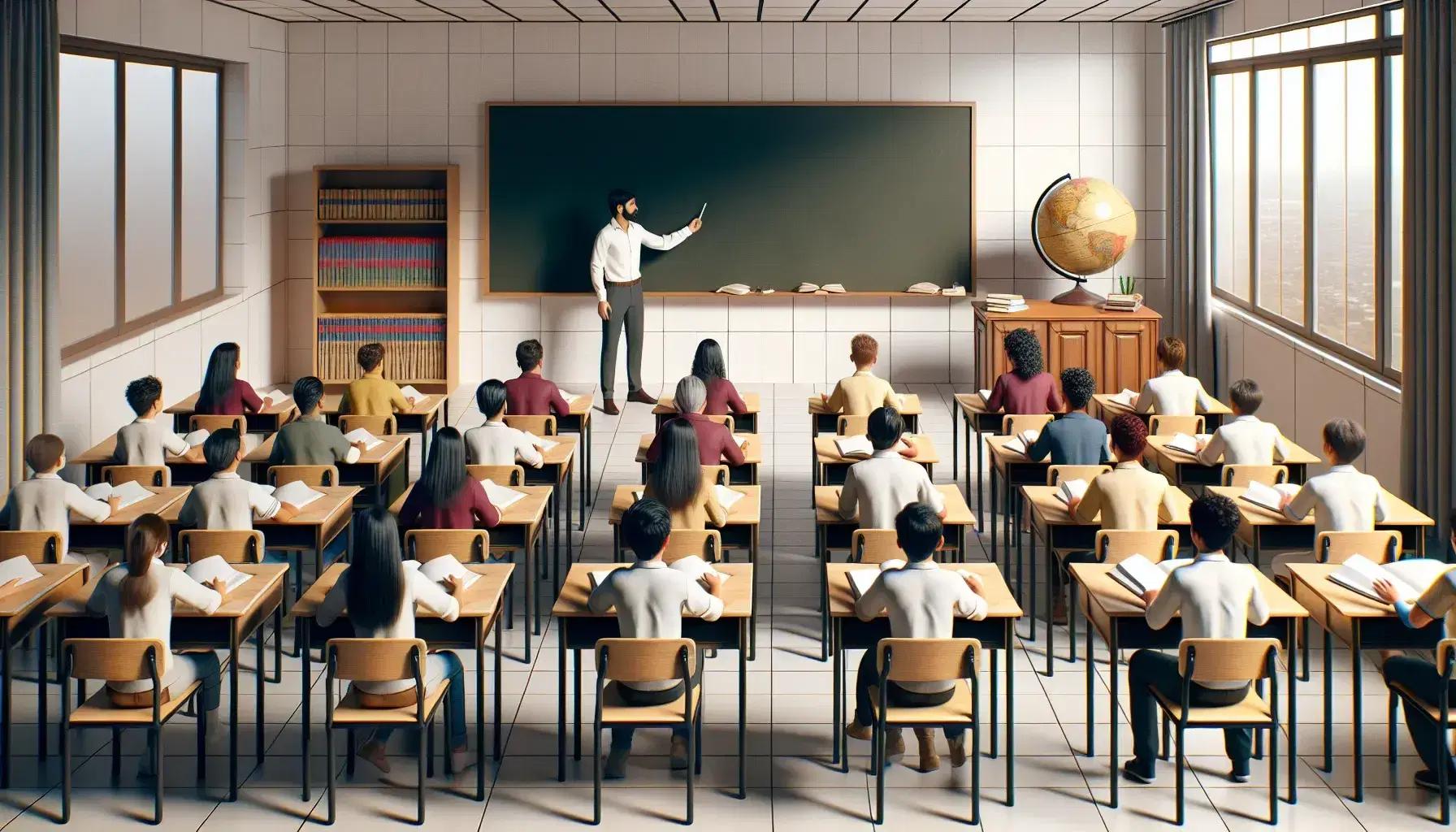 Venezuelan teacher writing on chalkboard in diverse classroom with attentive students at wooden desks, bathed in natural light.