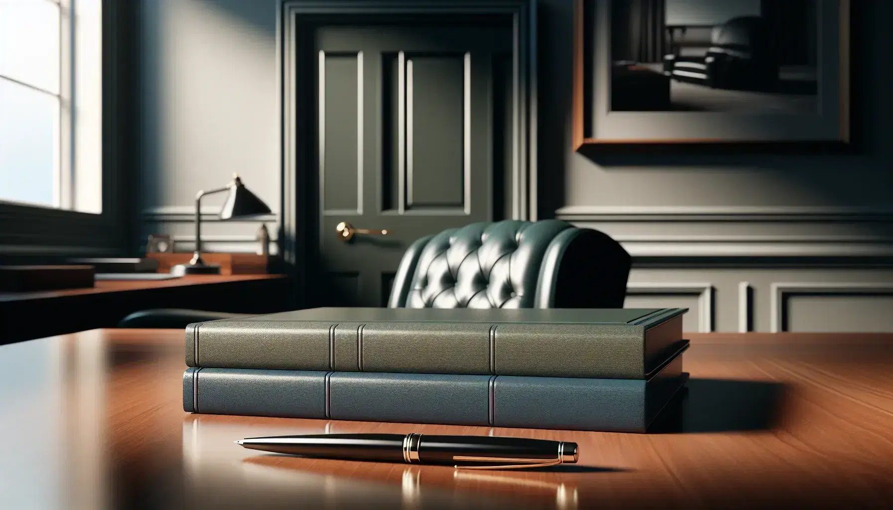 Polished wooden desk with stack of blue and green reports, black fountain pen, and blurred green leather chair, against a gray wall with framed door photo.