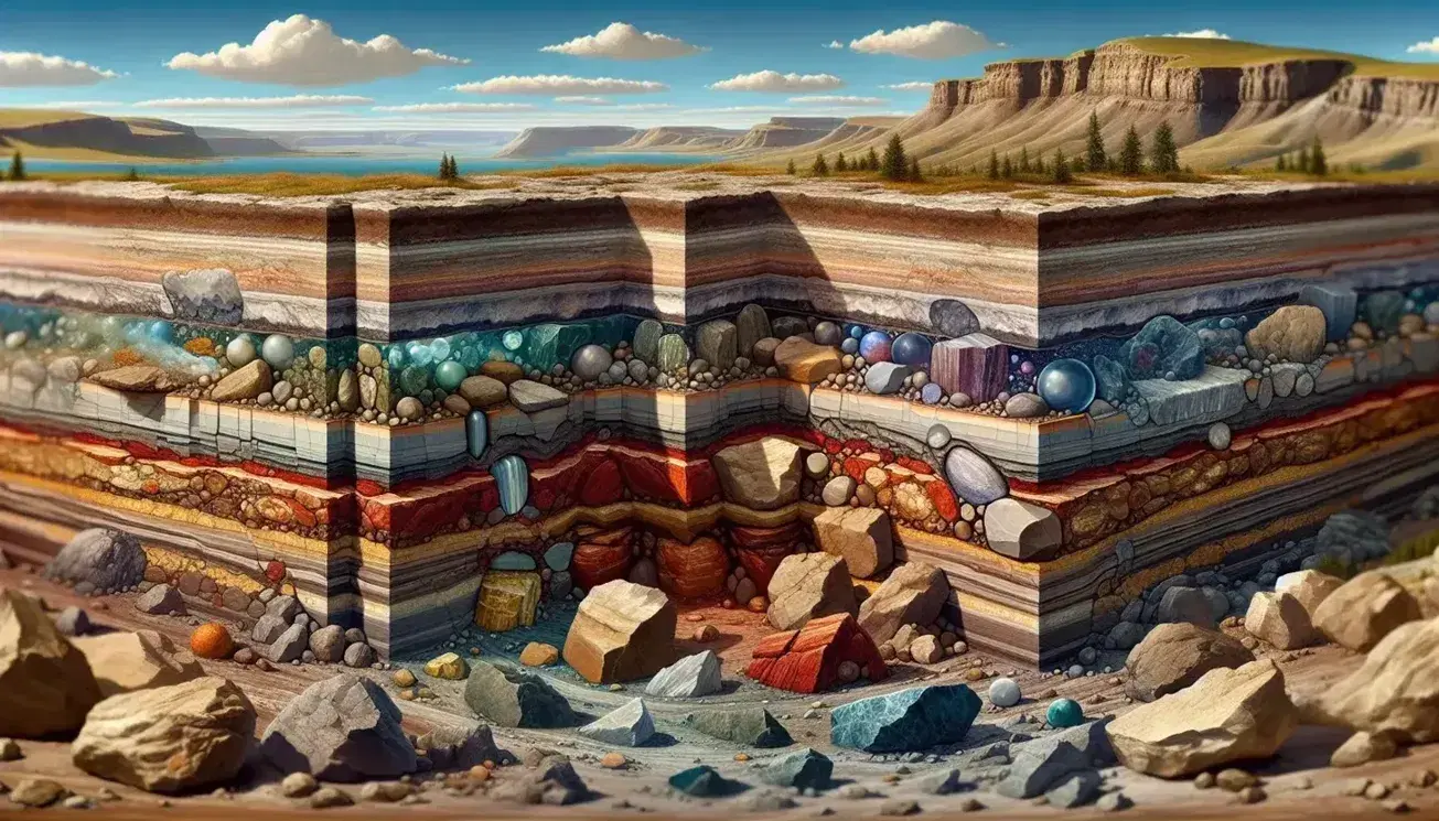 Sezione stratificata della litosfera terrestre con rocce e minerali colorati, sotto un cielo azzurro con vegetazione su colline distanti.