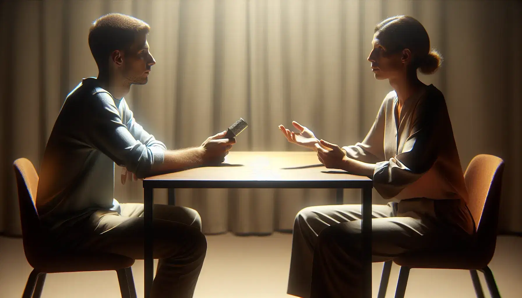 Dos personas conversan sentadas frente a frente en un entorno tranquilo y luminoso, una de ellas gesticulta mientras la otra escucha atentamente y sostiene un grabador.