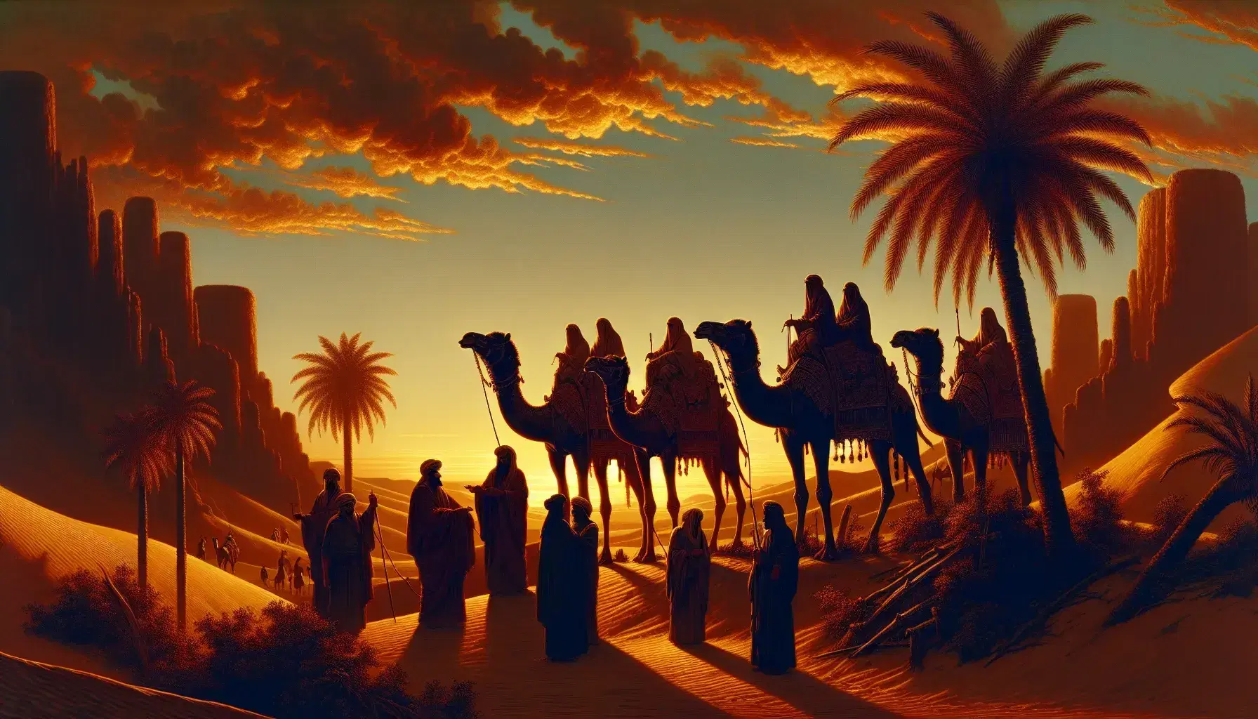 Golden sunset over an ancient desert landscape with silhouetted camels and figures in early Islamic attire, palm trees, and a starry dusk sky.