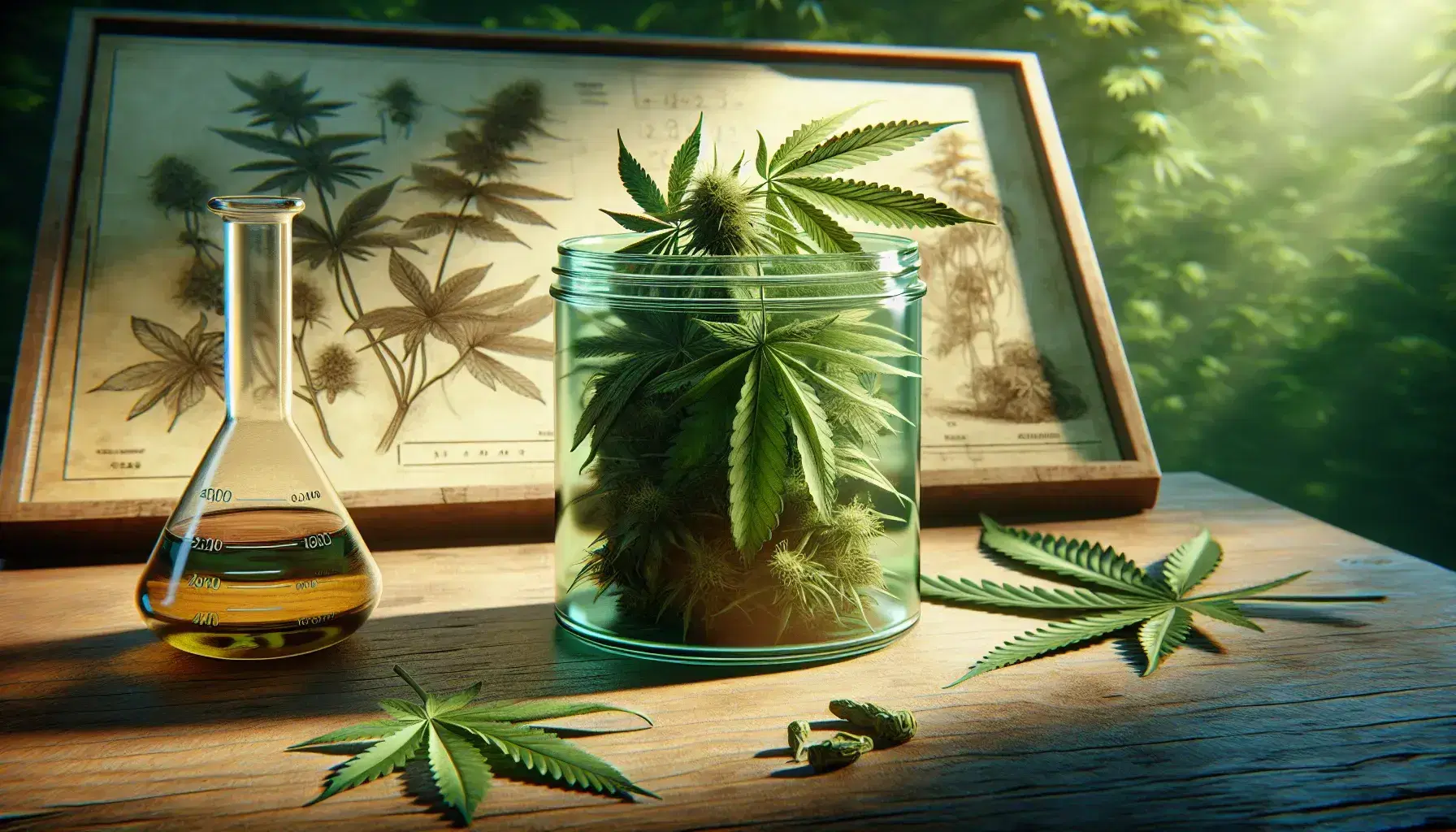Glass jar with dried cannabis leaves on wooden surface next to beaker with amber liquid, background with botanical illustrations.