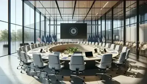 Sala conferenze moderna e luminosa con tavolo ovale, sedie ergonomiche grigie, laptop, fogli e penna in mano, schermo spento e bandiere.