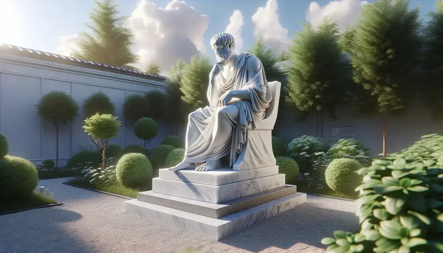 Statua in marmo bianco di Aristotele seduto in riflessione, circondata da piante verdi in un giardino esterno con cielo azzurro.