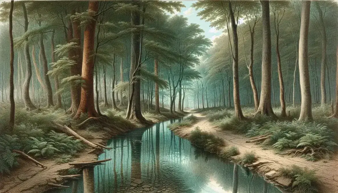 Serene woodland with a clear stream reflecting the sky, surrounded by green deciduous trees and a narrow dirt path, evoking a tranquil, natural setting.