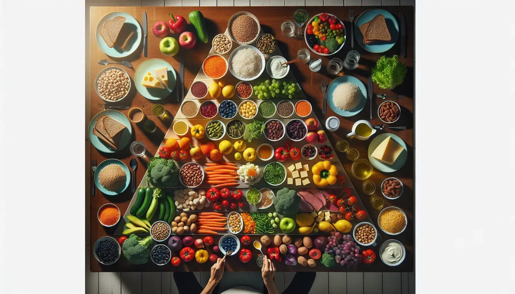Tavola dall'alto con cibi disposti a piramide alimentare: cereali, legumi, verdure, frutta, latticini, carni magre e grassi sani.