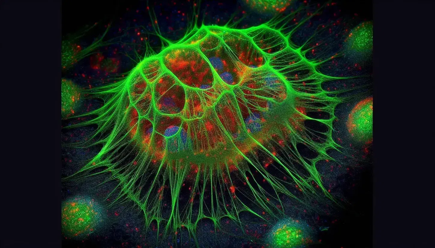 Células eucariotas con citoesqueleto marcado en verde y rojo bajo microscopía de fluorescencia, mostrando una red compleja de fibras intracelulares.